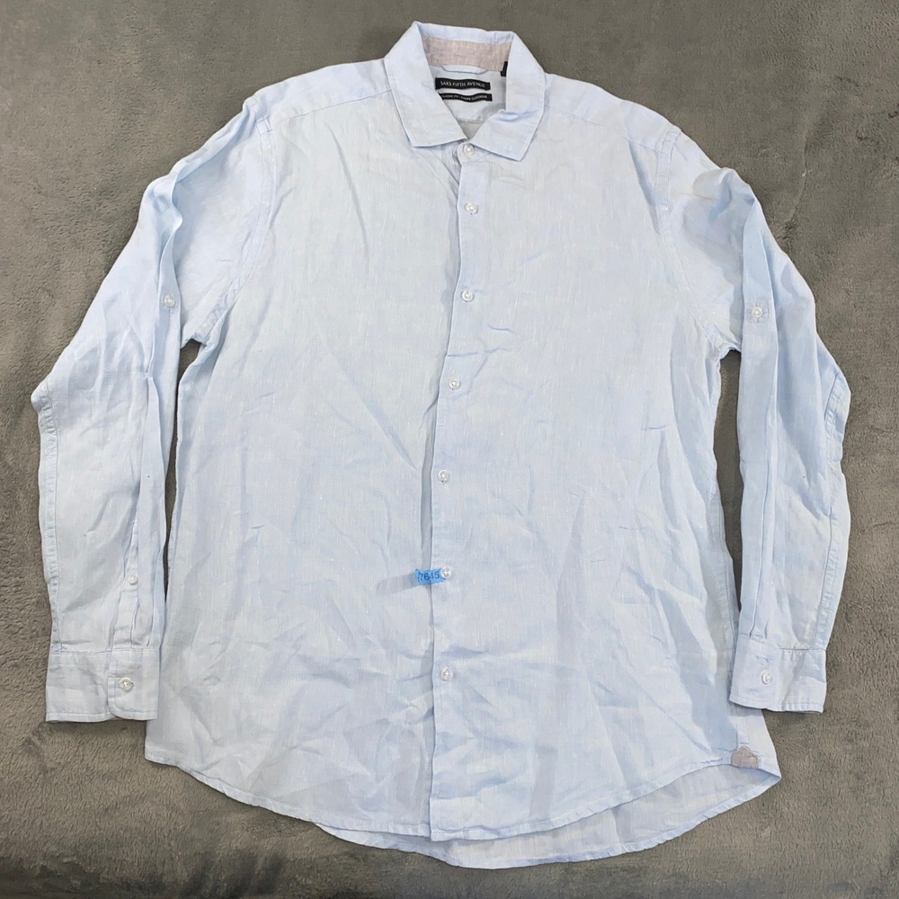 Saks Fifth Avenue Button Front Shirt Mens L Blue Roll Up Classic Fit Linen Blend